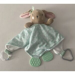 Modern Baby Snuggle Blankie Lovey Security Blanket Green White Bunny Teether